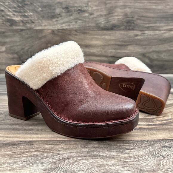 Born Hope 8M Shearling-Lined Open Back Heeled Distressed Leather Clogs Dark Red - Picture 2 of 12